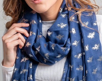 Navy Blue Scarf with Silver Bee Print - Personalised Bee Scarf - Personalised Scarf - Birthday Gift for Women - Mothers Day Gift for Her