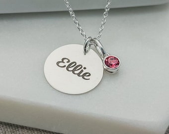Engraved Necklace for Women - Sterling Silver Necklace with Custom Name & Birthstone Charm - Personalized Jewelry - Birthday Gift for Her -