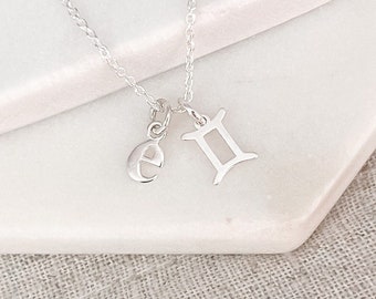 Sterling Silver Gemini Necklace - Personalized Gifts for Women - Birthstone Initial Necklace & Gemini Zodiac Charm - Birthday Gift for Her