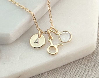 Initial & Taurus Necklace with April Birthstone - Birthday Gifts for Her - Gold Zodiac Necklaces for Women - Personalised Zodiac Jewelry