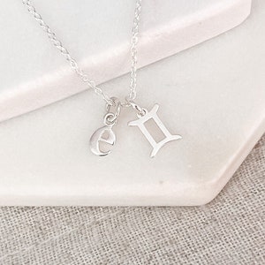 Sterling Silver Gemini & Initial Necklace with June Birthstone Personalized Birthday Gift for Her Zodiac Jewelry Gift for Women No