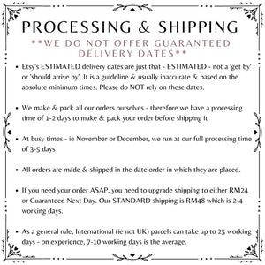 May include: A white text graphic on a black background with a decorative border. The text reads "PROCESSING & SHIPPING" and "WE DO NOT OFFER GUARANTEED DELIVERY DATES". The graphic provides information about estimated delivery times, processing times, and shipping options.