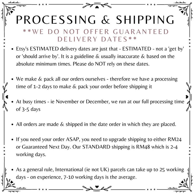 May include: A white text graphic on a black background with a decorative border. The text reads "PROCESSING & SHIPPING" and "WE DO NOT OFFER GUARANTEED DELIVERY DATES". The graphic provides information about estimated delivery times, processing times, and shipping options.