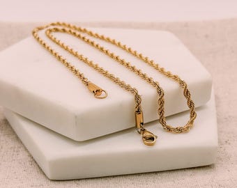 Gold Plated Stainless Steel Rope Chain Necklace 3mm | 18 or 20 Inch | Unisex | Waterproof & Tarnish Free