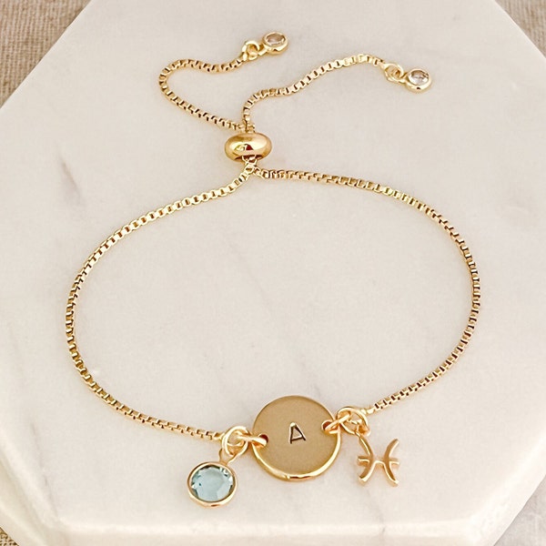 Bracelet zodiaque poissons en or - cadeau bijoux personnalisé pour elle - bracelets de pierres de naissance pour femme - cadeau d'anniversaire pour amie