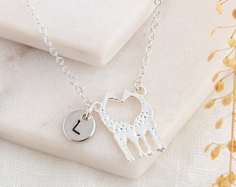 Silver Giraffe Necklace - Giraffe Lover Personalized Gift - Giraffe Necklace Customized with Initial Charm - Giraffe Jewelry Birthday Gift