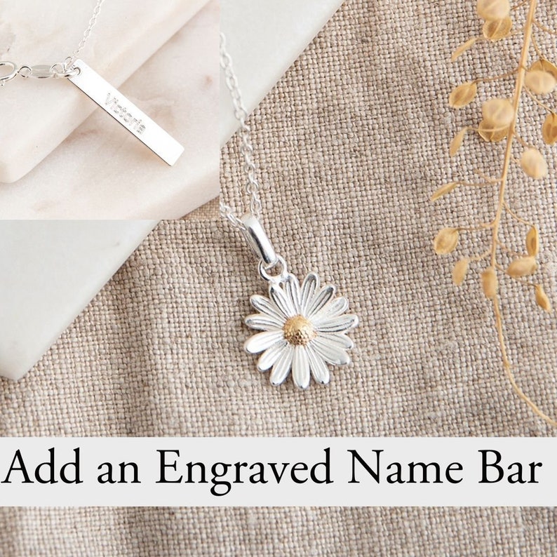 Sterling Silver Daisy Necklace April Birth Flower April Birthday Gift for Her Birth Flower Necklace Personalised April Necklace engraved name bar