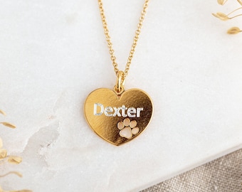 Custom Pet Necklace - Engraved Necklace Gifts for Pet Lovers - Pet Memorial Gifts - Gold Heart Charm Necklace with Engraved Name