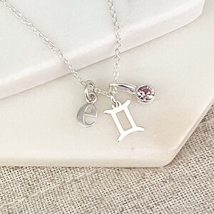 Sterling Silver Gemini & Initial Necklace with June Birthstone Personalized Birthday Gift for Her Zodiac Jewelry Gift for Women image 9