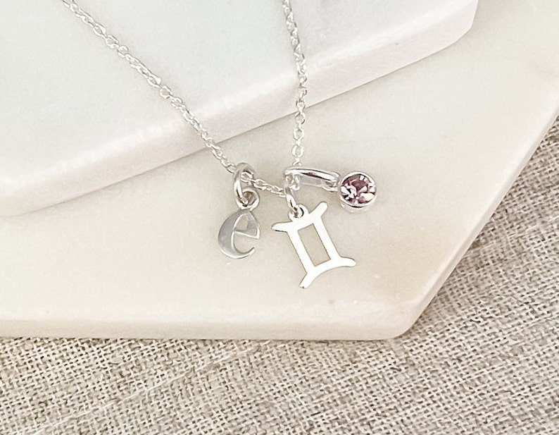 Sterling Silver Gemini & Initial Necklace with June Birthstone Personalized Birthday Gift for Her Zodiac Jewelry Gift for Women image 9