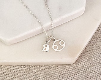 Cancer Zodiac Charm, Birthstone & Initial Necklace - Sterling Silver Zodiac Necklaces for Women - Personalised Jewelry Birthday Gift for Her