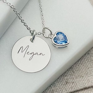 Collar grabado con dije de corazón de piedra natal de marzo Regalos de cumpleaños personalizados para mujeres Collar con nombre y piedra natal de plata de ley imagen 6