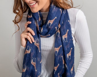 Navy Blue Scarf with Giraffe Print - Giraffe Scarf - Personalised Gift for Women - Personalised Scarf Letterbox Gift - Mothers Day Gift