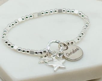 Personalised Star Charm Bracelet | Silver Beaded Stacking Jewellery