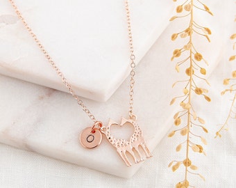 Rose Gold Giraffe Charm Necklace with Initial - Personalised Jewelry - Birthday Gift for Her - Giraffe Jewelry - Animal Lover Gift for Girls