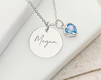 Collana incisa con ciondolo a forma di cuore con pietra portafortuna di marzo - Regali di compleanno personalizzati per donna - Collana con nome e pietra portafortuna in argento sterling