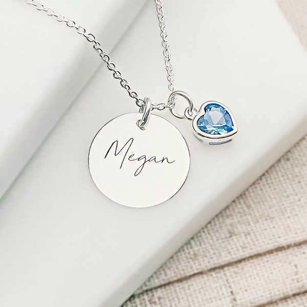 Engraved Necklace with March Birthstone Heart Charm - Personalized Birthday Gifts for Women - Sterling Silver Name & Birthstone Necklace