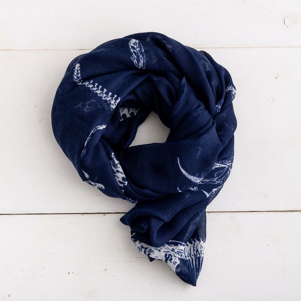 Navy Blue Scarf with White Dinosaur Print - Personalised Scarf with Name - Birthday Gifts for Girls - Personalised Letterbox Gift for Her