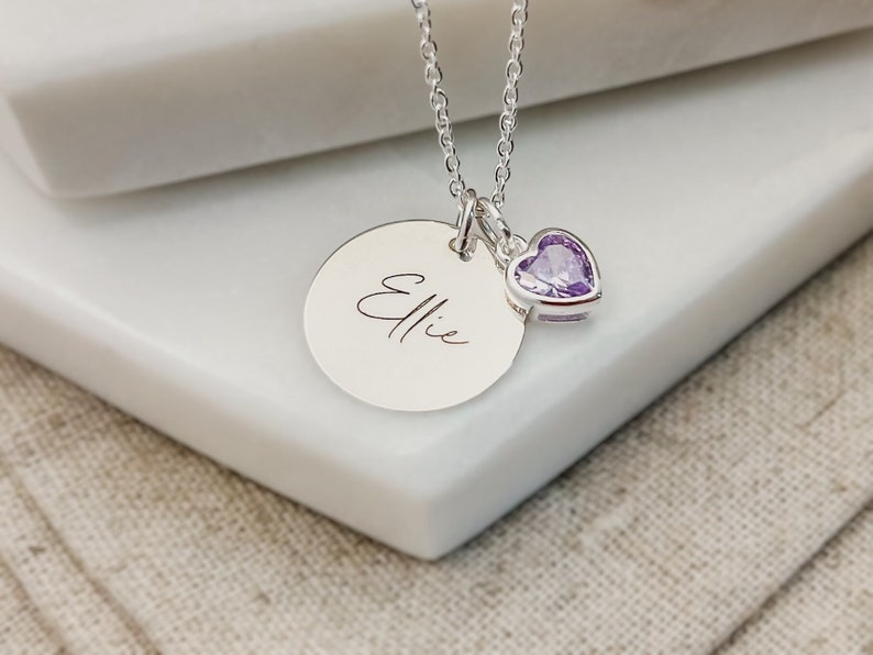 Personalised Birthstone Necklace Engraved Necklace & Birthstone Heart Birthday Gift for Her Name Jewellery Personalized Gift for Mum image 1