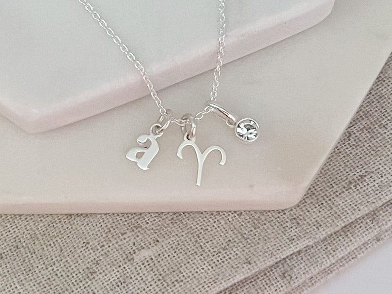 Aries Necklace with April Birthstone Sterling Silver Initial & Birthstone Necklace Birthday Gift For Her Personalised Aries Jewellery image 1