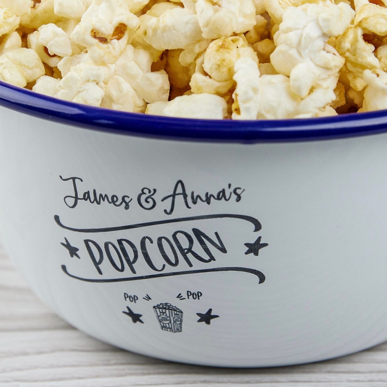 Couples Movie Night Popcorn Bowl, Personalized, Couples Popcorn Bowl, Couples Popcorn Tub, Enamel Popcorn Bowl, Custom Popcorn Bowl image 2