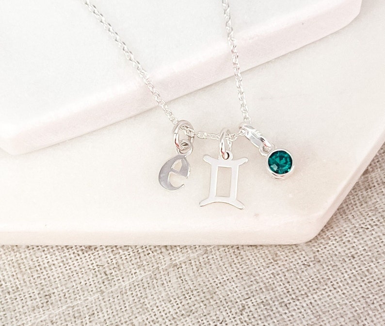 Sterling Silver Gemini & Initial Necklace with June Birthstone Personalized Birthday Gift for Her Zodiac Jewelry Gift for Women yes, add May