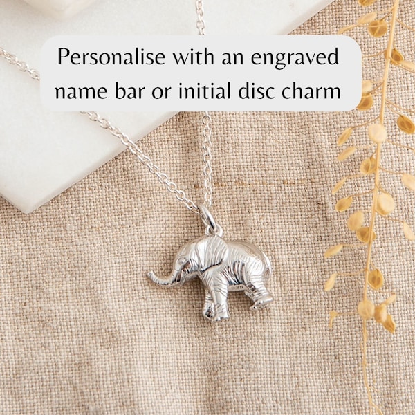 Collier éléphant en argent sterling - Cadeau personnalisé pour amoureux des éléphants - Cadeaux d'anniversaire pour femme - Pendentif éléphant - Ajouter un nom gravé