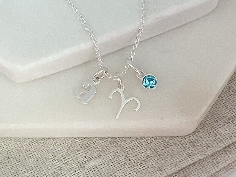 Aries Necklace with April Birthstone Sterling Silver Initial & Birthstone Necklace Birthday Gift For Her Personalised Aries Jewellery yes, add March