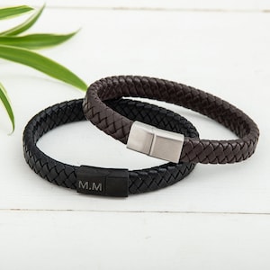 Personalized Braided Leather Bracelet for Men – Engraved Stainless Steel Clasp
