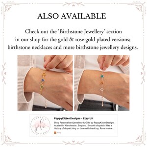 May include: Two gold and rose gold bracelets with birthstones. The bracelets are on a person's wrist. The bracelets have a variety of colored stones, including blue, green, orange, and yellow. The text "PoppyKittenDesigns - Etsy UK" is visible in the image.