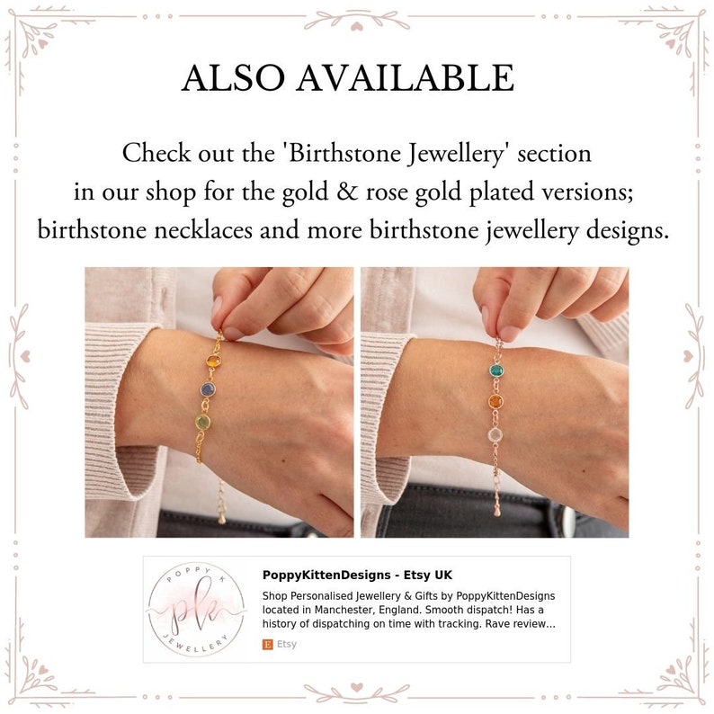 May include: Two gold and rose gold bracelets with birthstones. The bracelets are on a person's wrist. The bracelets have a variety of colored stones, including blue, green, orange, and yellow. The text "PoppyKittenDesigns - Etsy UK" is visible in the image.