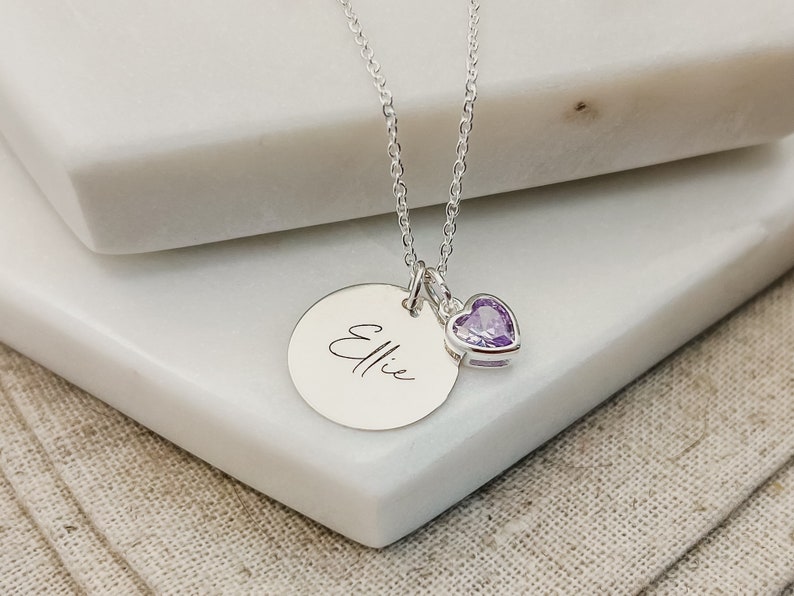 Personalised Birthstone Necklace Engraved Necklace & Birthstone Heart Birthday Gift for Her Name Jewellery Personalized Gift for Mum image 9