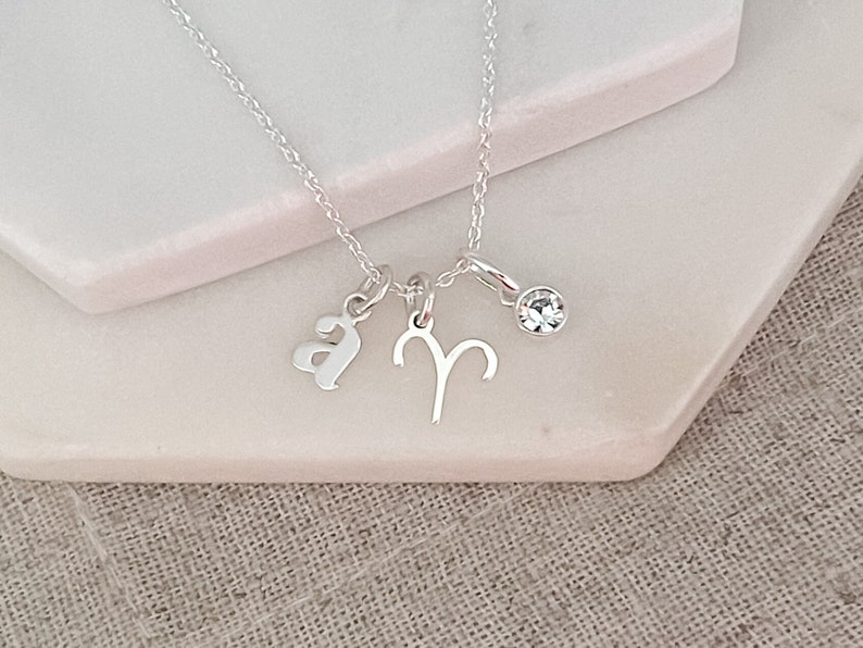 Aries Necklace with April Birthstone Sterling Silver Initial & Birthstone Necklace Birthday Gift For Her Personalised Aries Jewellery yes, add April