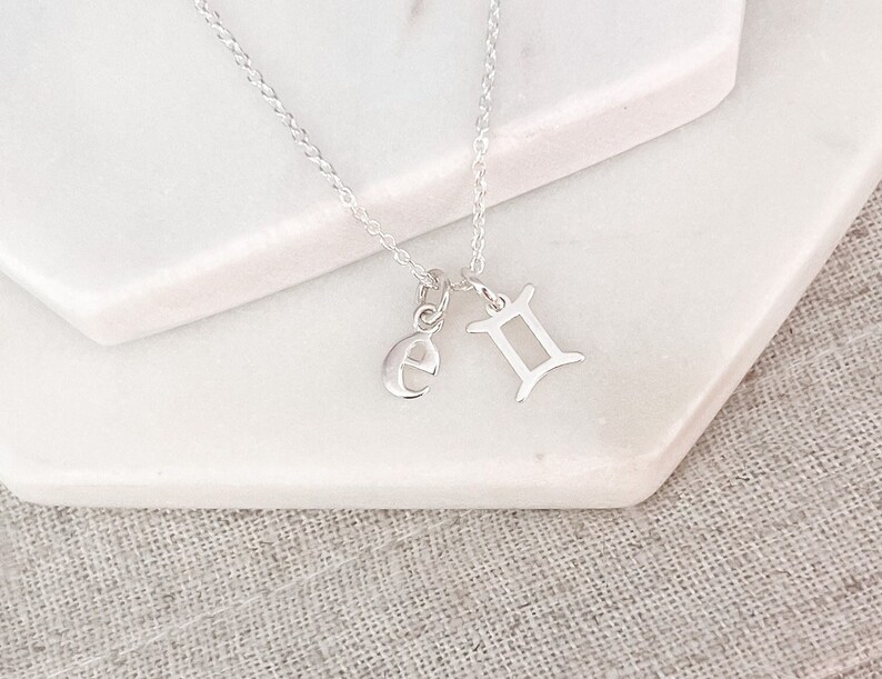 Sterling Silver Gemini & Initial Necklace with June Birthstone Personalized Birthday Gift for Her Zodiac Jewelry Gift for Women No