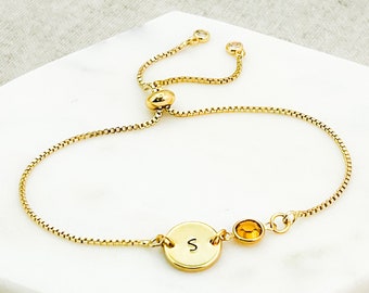 Gold Initial & Birthstone Bracelet | Birthday Gift for Her | Personalised Disc Bracelet | Initial Bracelet | Birthstone Gifts | Jewelry Gift