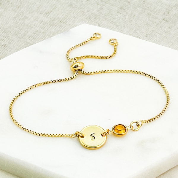 Gold Initial & Birthstone Bracelet | Birthday Gift for Her | Personalised Disc Bracelet | Initial Bracelet | Birthstone Gifts | Jewelry Gift