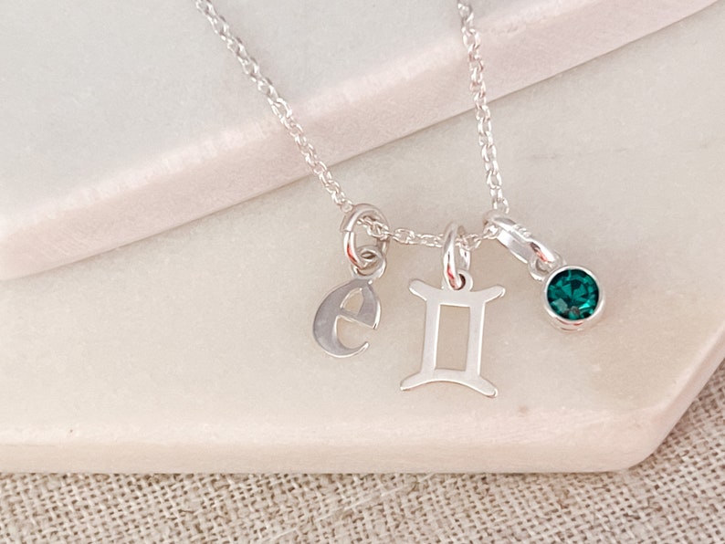 Sterling Silver Gemini & Initial Necklace with June Birthstone Personalized Birthday Gift for Her Zodiac Jewelry Gift for Women image 8