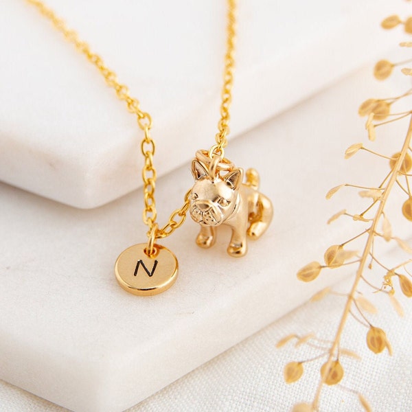 Gold Frenchie Necklace - French Bulldog Charm & Initial Necklace - Personalised Gift for Dog Lover - Dog Mom Gift - Dog Jewelry