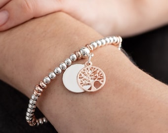 Rose Gold Tree of Life Stretch Bracelet with Initial Charm - Birthday Gifts for Her - Bracelets for Women - Personalised Jewelry Gift Friend