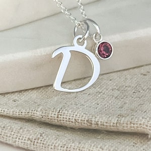 Collar con inicial de plata de ley - Collar grande con inicial y piedra de nacimiento - Regalos de cumpleaños para ella