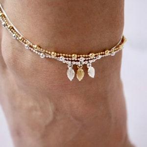 Sterling Silver Anklet Set: Feather & Ball Design, Beach Boho Anklets