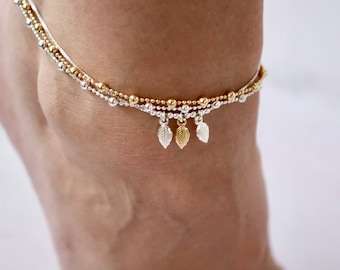 Sterling Silver Ankle Bracelet Set, Silver Anklet, Beach Anklet, Dainty Anklet, Boho Anklet, Delicate Anklet, Feather Anklet, Gold Anklet