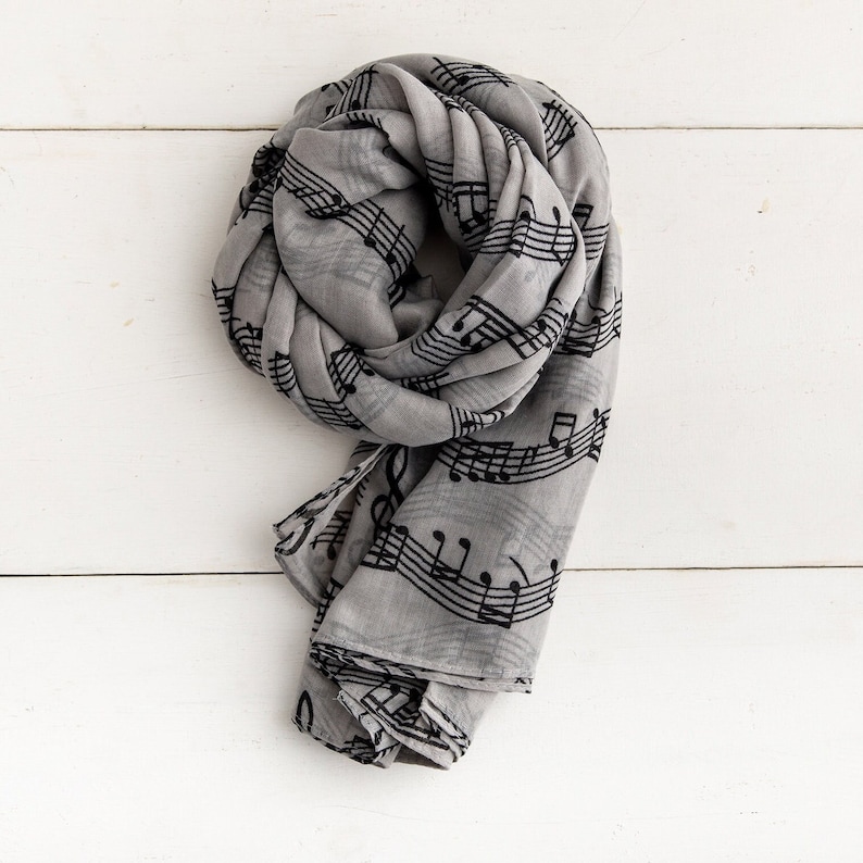 Personalised Grey Music Scarf Personalised Gifts for Her Music Lover Gift for Women Birthday Gift Letterbox Gifts Mothers Day Gift image 1