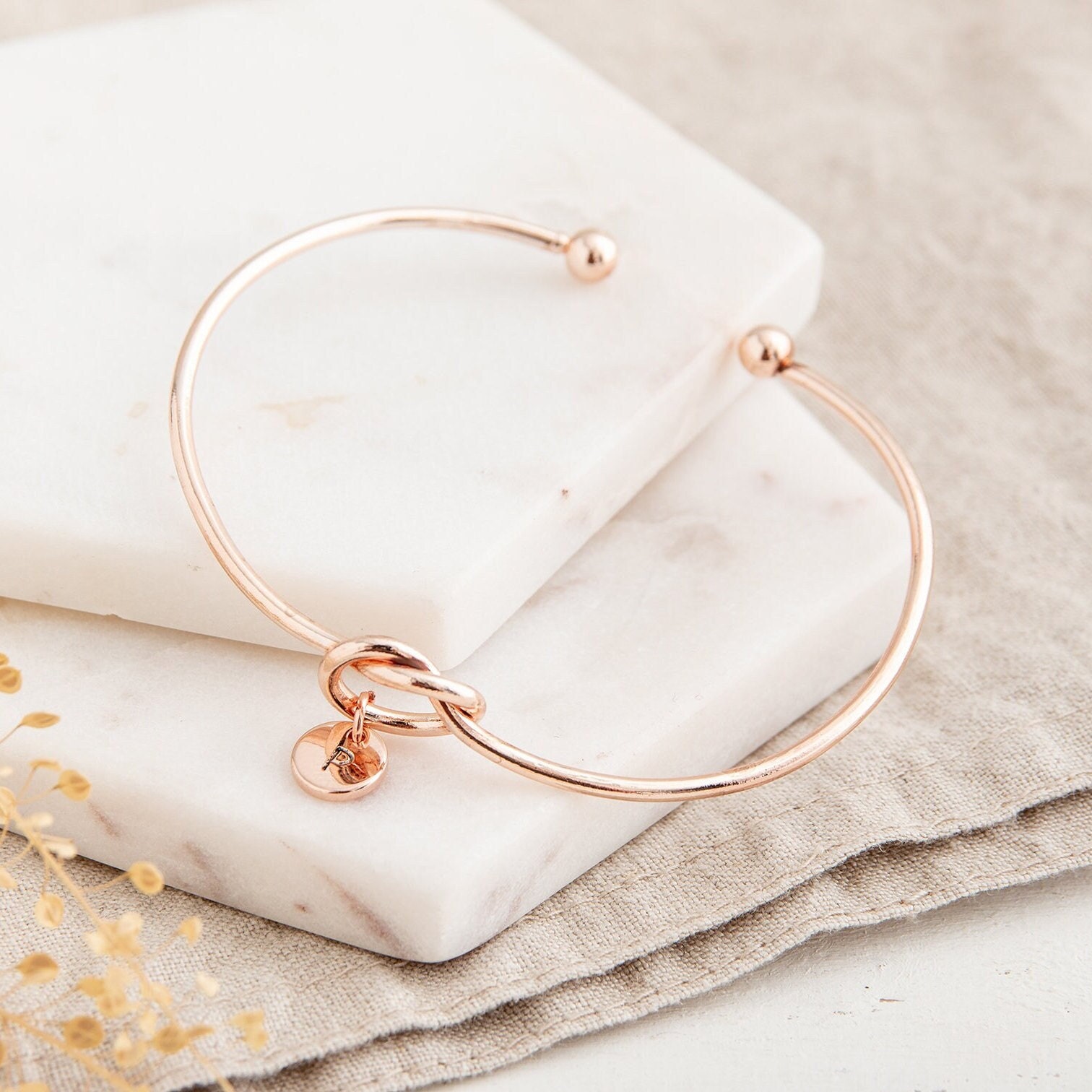 Love Knot Bracelet With Initial Charm Rose Gold Initial Knot Etsy