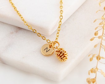 Gold Pine Cone Necklace – Personalized Initial Charm, Autumn Jewelry