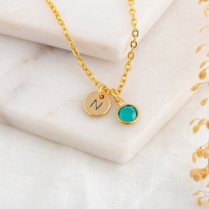 Collar de oro con inicial personalizada y piedra de nacimiento - Regalo de joyería personalizado - Regalos de cumpleaños para ella - Collares de oro para mujer - Navidad