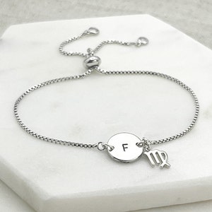 Bransoletka z zawieszką Virgo z inicjałem - Bransoletka ze znakiem zodiaku i kamieniem szlachetnym - Bransoletka ze znakiem zodiaku Virgo - Prezent urodzinowy dla znaku zodiaku - Bransoletka Virgo