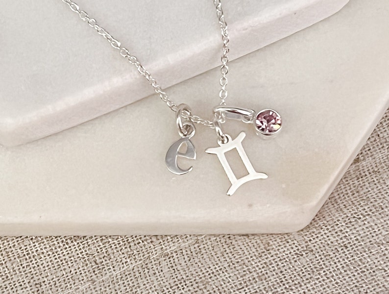 Sterling Silver Gemini & Initial Necklace with June Birthstone Personalized Birthday Gift for Her Zodiac Jewelry Gift for Women yes, add June