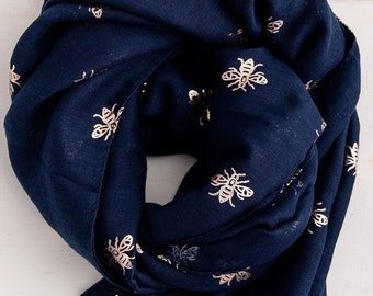 Navy Blue Scarf with Rose Gold Bee Print - Personalised Bee Scarf - Personalised Scarf - Birthday Gift for Women - Mothers Day Gift for Her