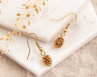 Gold Pine Cone Earrings - Birthday Gift for Her - Gold Dangle Earrings with Pine Cone Charms - Pine Cone Jewellery - Fall Earrings